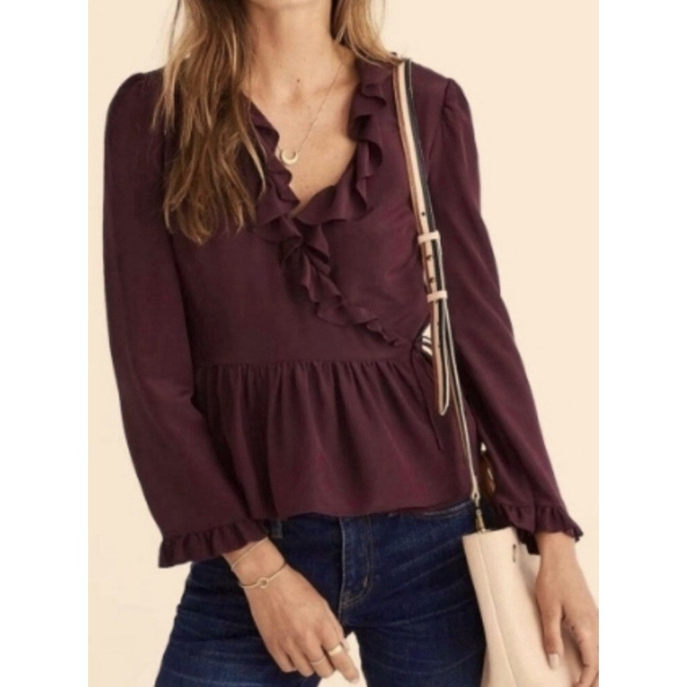 Madewell 100% Silk Ruffle Wrap Blouse Women XL Purple Whimsigoth Witchy Preppy